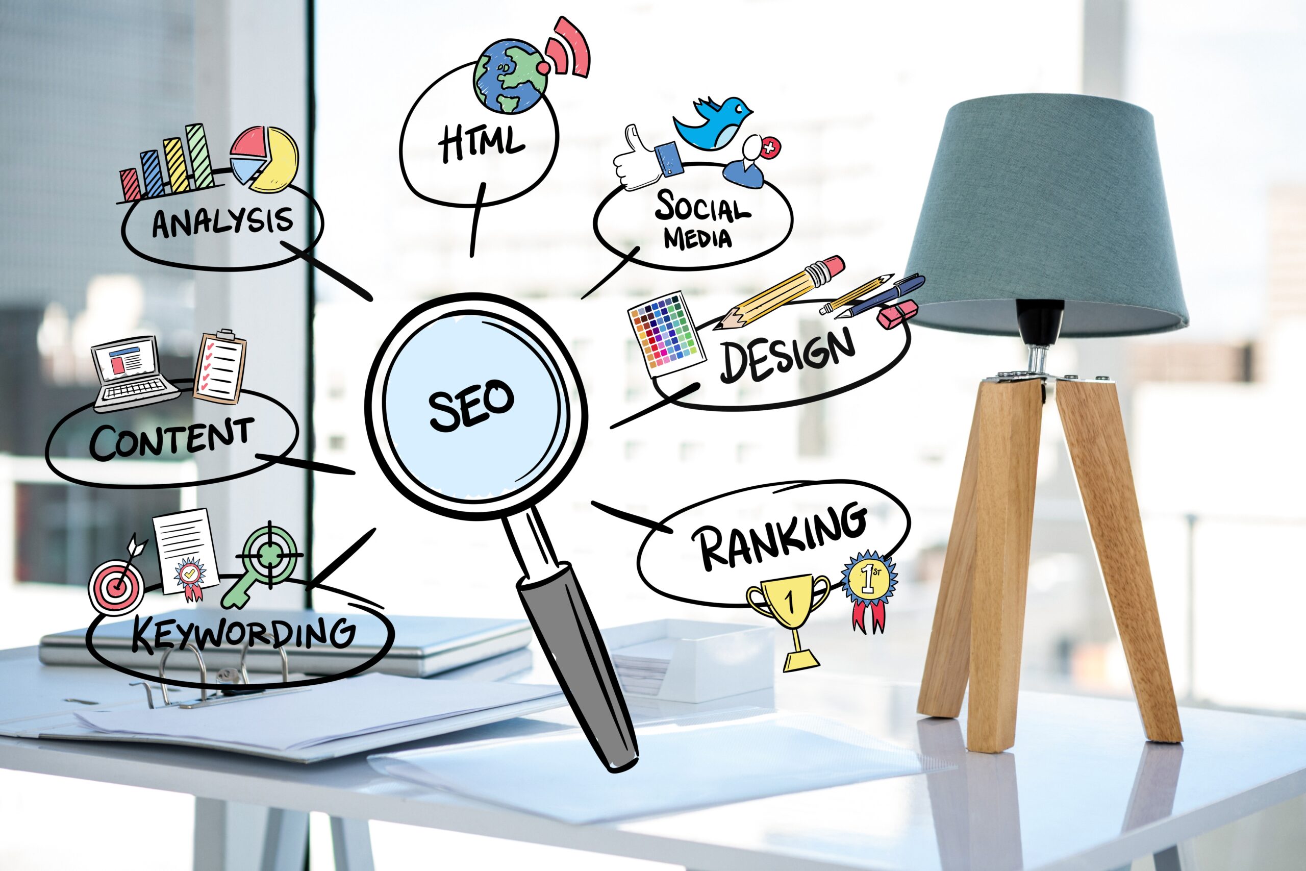 digital composite of business graphics with office background Local SEO